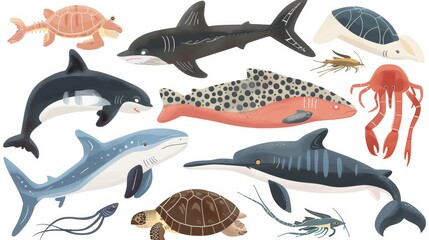 Wall Mural - The sea world, dolphins, sharks, ocean crabs, sea turtles, shrimp, and other marine animals are isolated on a white background. Cute cartoon illustration showing dolphins, sharks, ocean crabs, sea