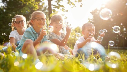 Wall Mural - Joyful Family Fun: Children and Parents Giggling as They Blow Soap Bubbles Outdoors