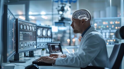 Aufkleber - A bald person with a chip implanted in their head, controlling a computer in a laboratory. The computer screen should display brain images and data. high-tech, scientific environment. Generative AI.