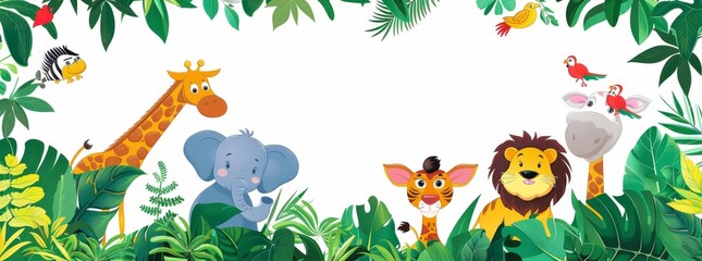 Wall Mural - This jungle animal frame design for kids features a zoo banner with zoo animals in tropical forest. Many adorable safari or zoo animals are included in the horizontal panorama.
