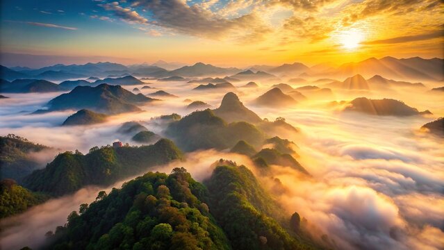 Aerial view of misty mountains at sunrise , sunrise, mountains, misty, aerial view, foggy, serene, tranquil, landscape, nature, scenic, peaceful, majestic, panoramic, dawn, tranquil, remote