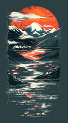 Wall Mural - Mountains, lake and sunset. Hand drawn sketch. Vector illustration.