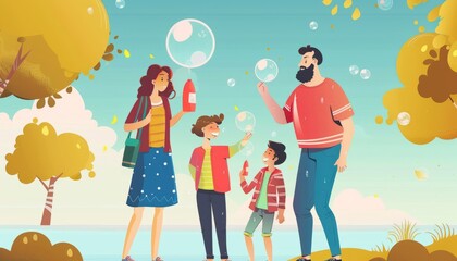 Family Fun: Son Enjoys Quality Time with Parents Blowing Bubbles on Holiday