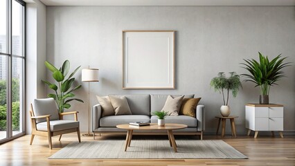 Wall Mural - Minimalist living room interior with mockup frame poster, showcasing modern design, Minimalist, living room, interior, mockup frame, poster, modern, design, render,home decor, contemporary