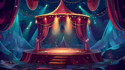 Wall Mural - Night circus ring stage illustration inside modern background. Dark amusement show backdrop illustration with spotlight and garland near platform. Evening festival podium for magician.