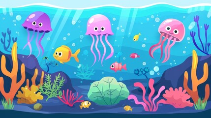 Sticker - Modern illustration of funny jellyfish swimming in water around exotic fish, colorful corals and seaweed. Illustration of underwater life on ocean floor, ornamental aquarium inhabitants, marine life.