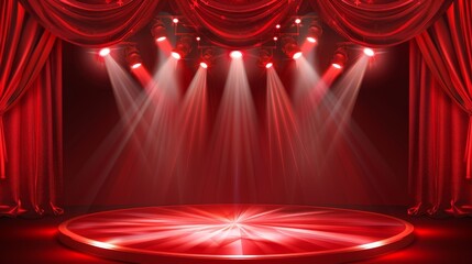 Canvas Print - An image of a closed blue theater curtain with a spotlight on stage. A realistic modern background of a fabric waved drapery on a velvet background with a light on this picture.