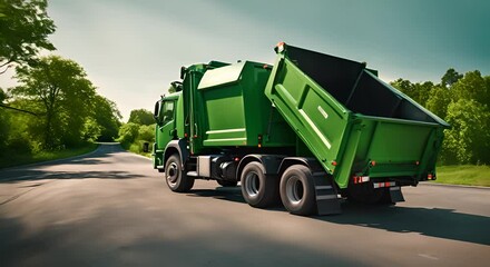 Sticker - Green garbage collection truck in a city.