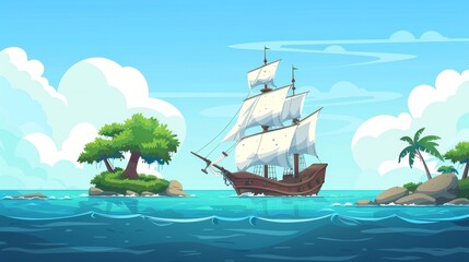 Wall Mural - The old sailboat is floating on calm blue water of the sea or ocean in front of a tropical island with palm trees. Cartoon marine sunny landscape with the vessel in port. The ship has wooden decks