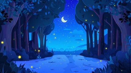 Wall Mural - Forest landscape with fantasy lake and firefly cartoon illustration. Magic game woods scene. Mysterious park environment glowing green. Blue misty wonderland at midnight.