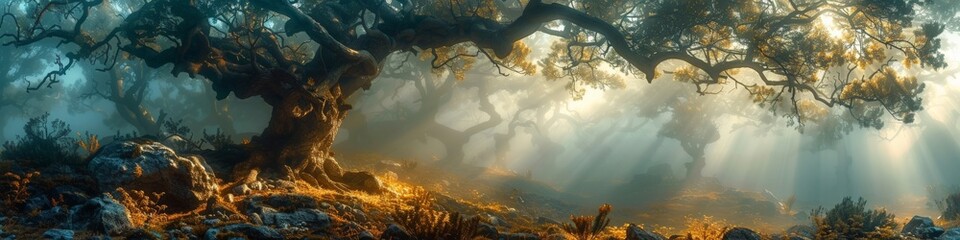 Wall Mural - Sunlight penetrates the foggy forest through the branches of trees