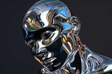 Y2K style liquid chrome glossy glass iridescent material head illustrated with water drops.