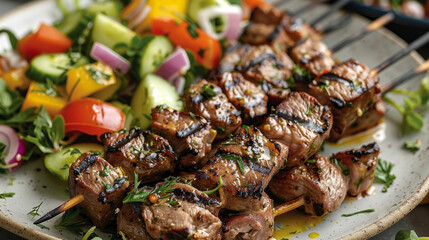 Wall Mural - Indulge in the delightful and wholesome Grilled Lamb Skewers with Salad during your weekend family get-together. Generative AI.