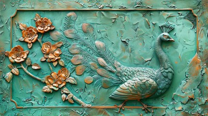 Wall Mural - A golden peacock on a plaster wall with volumetric elements.