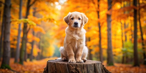 Wall Mural - Cute golden retriever puppy sitting on a tree trunk in a colorful autumn forest , dog, puppy, golden retriever, tree trunk, autumn, forest, cute, adorable, fluffy, pet, nature, vibrant