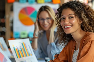 Wall Mural - Two women at a table - one smiling by a laptop, the other standing behind