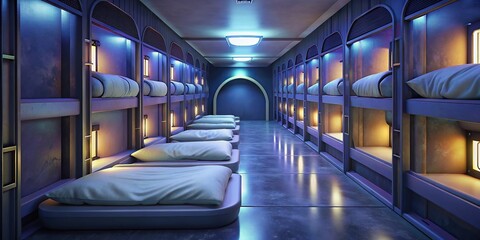 Wall Mural - Modern capsule hotel interior with cozy sleeping pods and functional design, perfect for an urban concept, capsule hotel, interior design, sleeping pods, modern, functional, cozy, urban