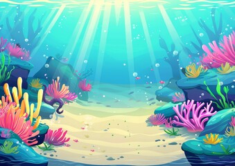 Wall Mural - Marine life illustration and life under the sea. Algae and coral reefs are beautiful and colorful.