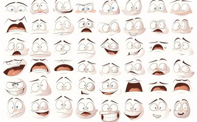 Faces of cartoon characters with expressive eyes, mouths, and surprised expressions. Funny comic expressions or emoticon doodles. Isolated modern illustration icons.