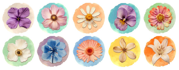 Wall Mural - Blooming flowers watercolor shape png cut out element set