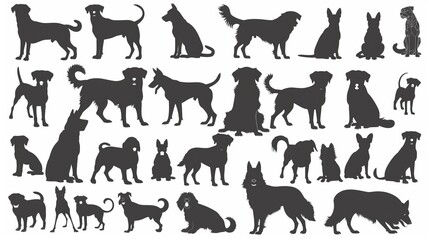 Wall Mural - A set of silhouettes of dogs, puppies, and kittens with different breeds. Pose, standing, jumping, and sitting. Hand drawn pet animals for logo design, decorative, and sticker purposes.