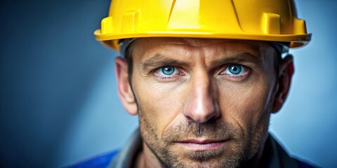 Man with yellow hard hat and blue eyes looking at camera, construction worker, safety gear, workman, helmet, PPE, industrial, professional, engineer, worker, portrait, headshot, male