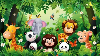 Wall Mural - Kids' cartoon zoo animals set with pandas, giraffes, elephants, zebras, penguins, monkeys, parrots, and flamingos.