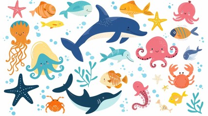 Aquatic animals inhabiting ocean nature, cute crab, squid, octopus characters, imaginative modern illustration.