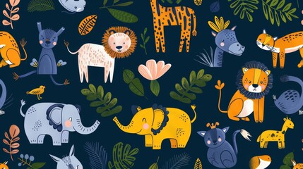 Wall Mural - Cartoon of safari animals with forest element in hand-drawn style