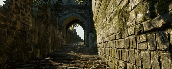 Wall Mural - ancient city long stone wall with an archway leading to the street