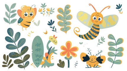 Wall Mural - This colorful set of cartoon insects is perfect for kids and children. These insects include butterflies, snails, spiders, moths, and many more.