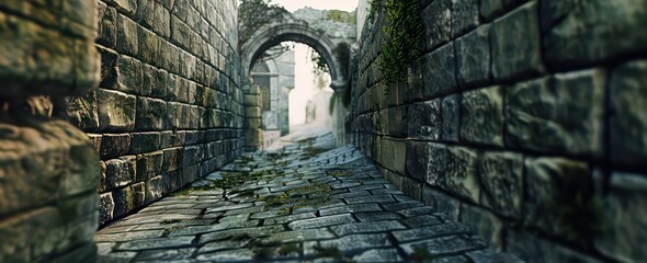 Wall Mural - ancient city long stone wall with an archway leading to the street