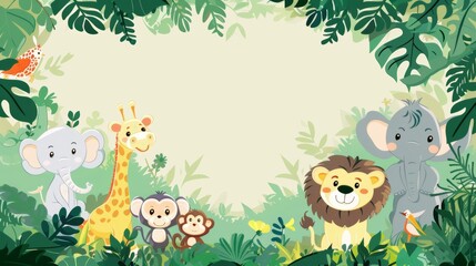 Wall Mural - African kids animals in a rainforest, hand-drawn modern illustration. Funny cut elephants, lions, giraffes, zebras, monkeys on a background of trees in a park.