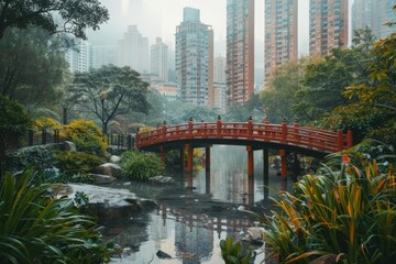 Wall Mural - Bridge over pond in park with tall buildings in background