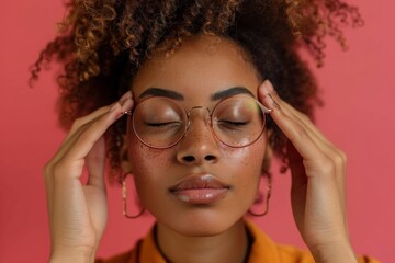 Wall Mural - Woman glasses head pink background