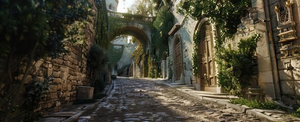 Wall Mural - medieval stone wall with an archway leading to the street, an ancient city