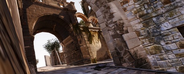 Wall Mural - medieval stone wall with an archway leading to the street, an ancient city