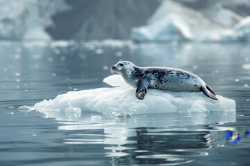 Wall Mural - A harbor seal floats on a piece of iceberg that calved from a nearby glacier