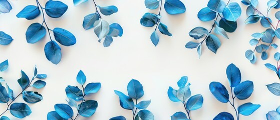 Poster - blue leaves on white background