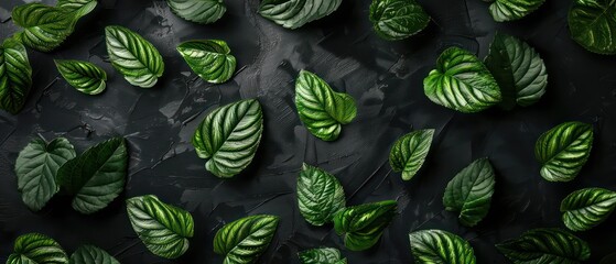 Wall Mural - green leaves on black background