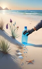 Person hand in gloves cleaning seaside and picking up plastic bottle from the sand.