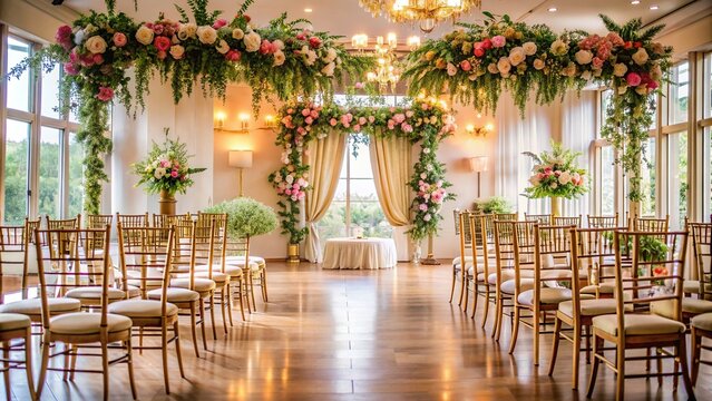 Wedding venue with beautiful floral decorations and empty chairs, wedding, bride, groom, love, marriage, celebration, ceremony, empty chairs, floral decorations, romantic, elegant, white