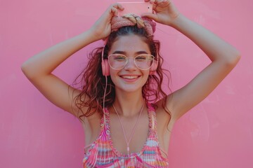 Poster - Woman in pink swimsuit top holding smartphone