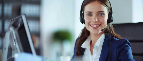 business customer services happy woman sitting in office with headset