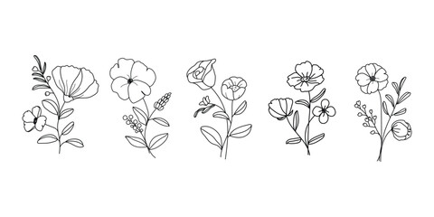 Wall Mural - minimal line flower and botanical graphic sketch drawing, trendy tiny tattoo design, floral elements vector illustration