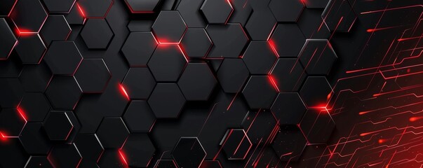 Dynamic black background with glowing red lines and hexagons. Perfect for high-tech designs, digital art, and modern, futuristic themes.