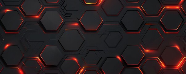 Dynamic black background with glowing red lines and hexagons. Perfect for high-tech designs, digital art, and modern, futuristic themes.