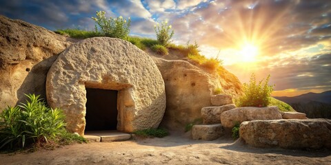 Wall Mural - Empty tomb with stone rolled away, signifying the resurrection of Jesus, resurrection, Jesus, tomb, stone, empty, Christian, faith, religion, belief, Easter, symbol, spiritual, miracle