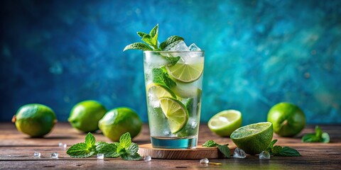Wall Mural - Refreshing mojito cocktail on blue background, mojito, cocktail, refreshing, drink, mint, lime, ice, glass, beverage, summer, blue, colorful, tropical, alcoholic, fruity, bar, mixology