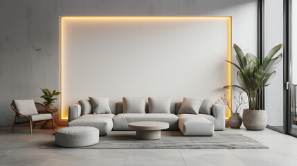 Canvas Print - Modern living room and white sofa with line and hidden warm light, modern and minimalist white theme design